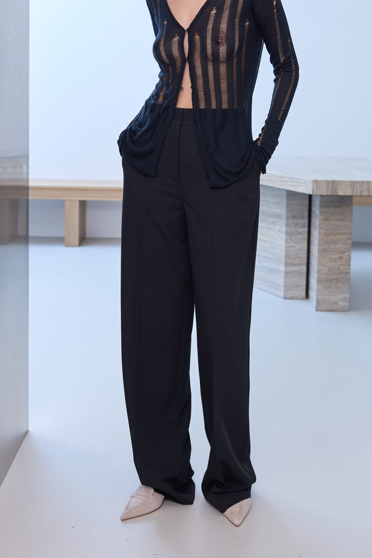 Pantalon en coton taille moyenne avec plis - Photo 5