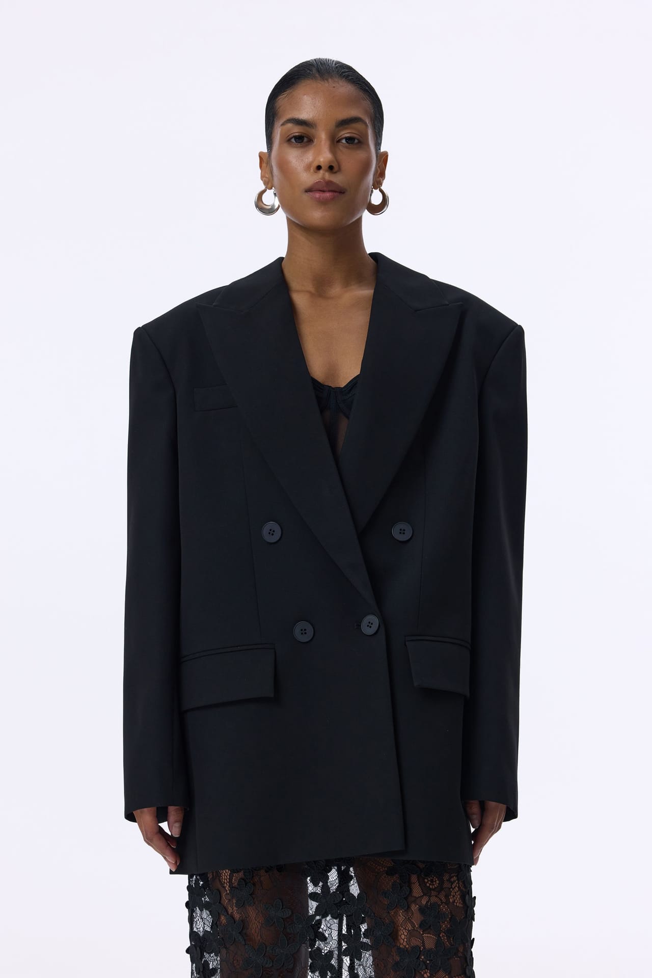 Oversized double-breasted cotton blazer with shoulder pads - Photo 1
