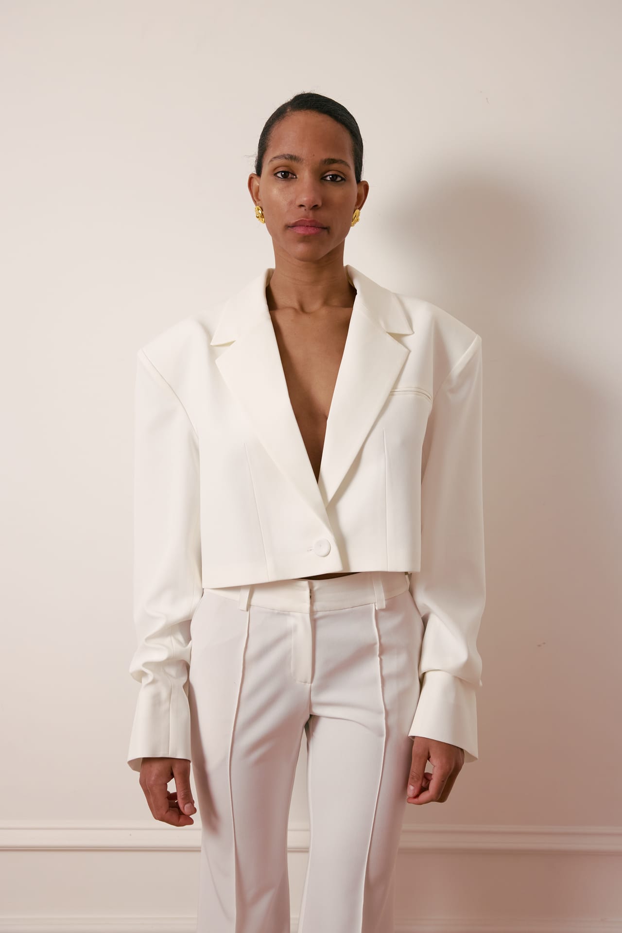 Blazer crop en coton avec fronces sur la manche - Photo 3