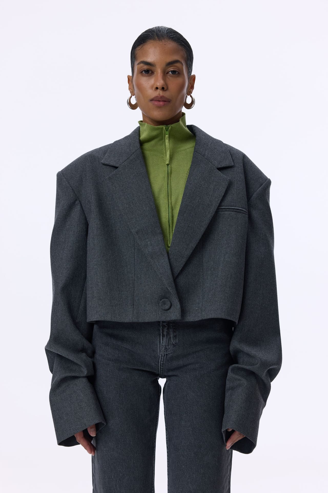Cropped wool blazer with gathered details on the sleeves - Photo 1