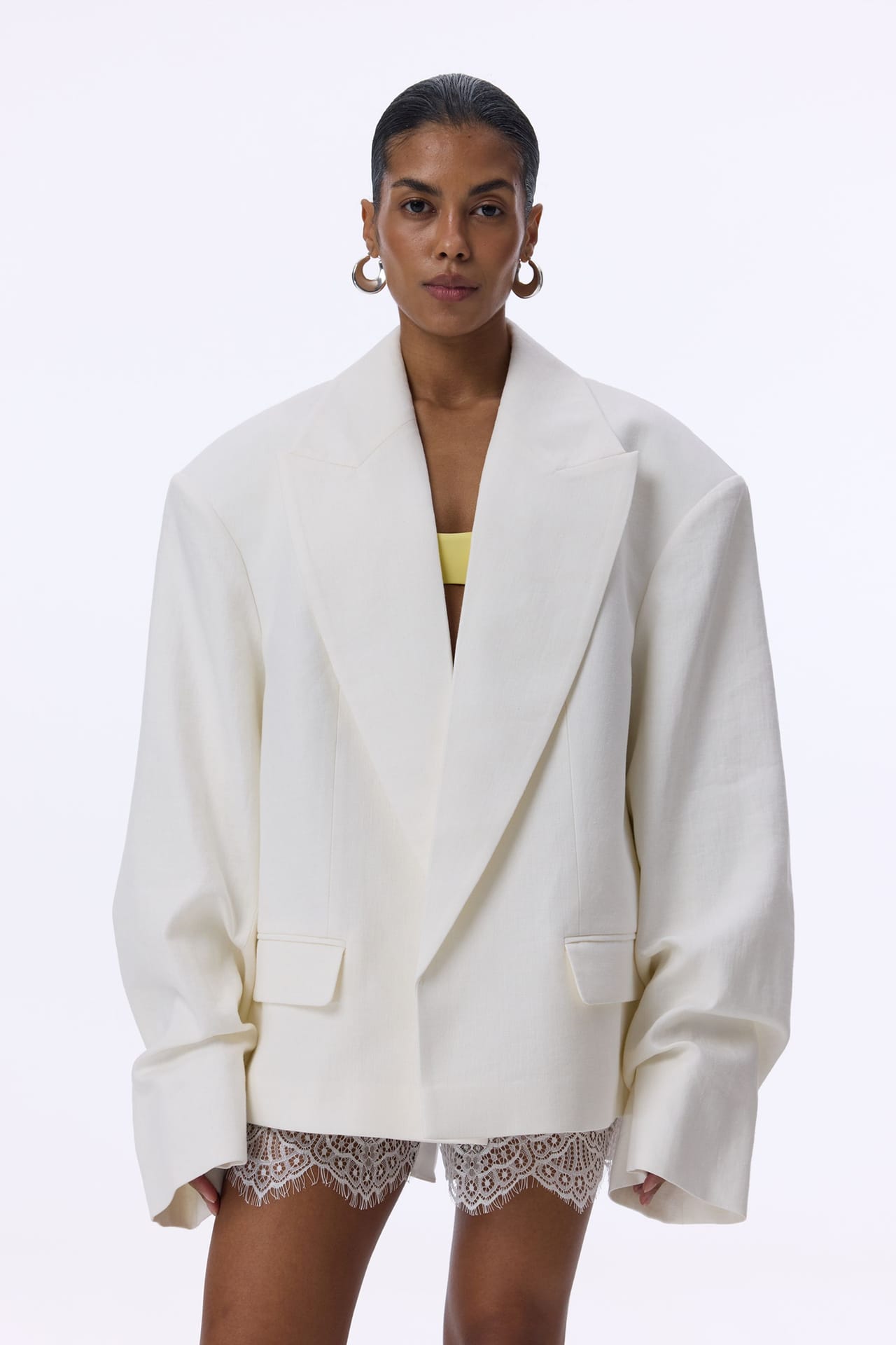 Oversized linen blazer with gathered details on the sleeves - Photo 1