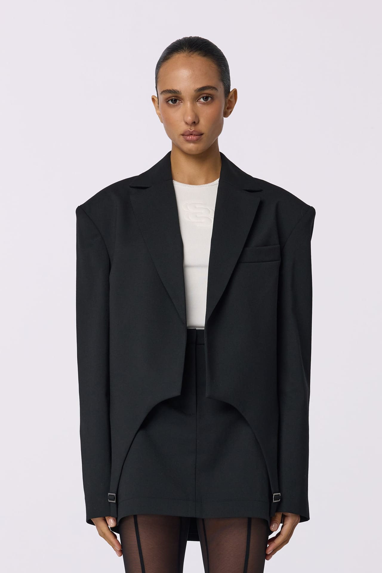 Cropped wool blazer with garter straps - Photo 1